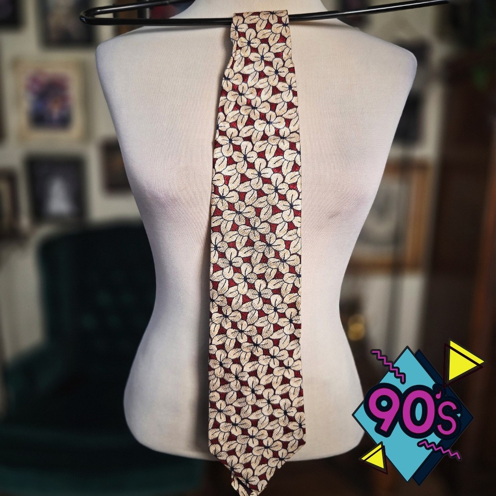 Structure Silk Tie Vintage 90s Mens Red Gold Floral Geometric Necktie USA Made